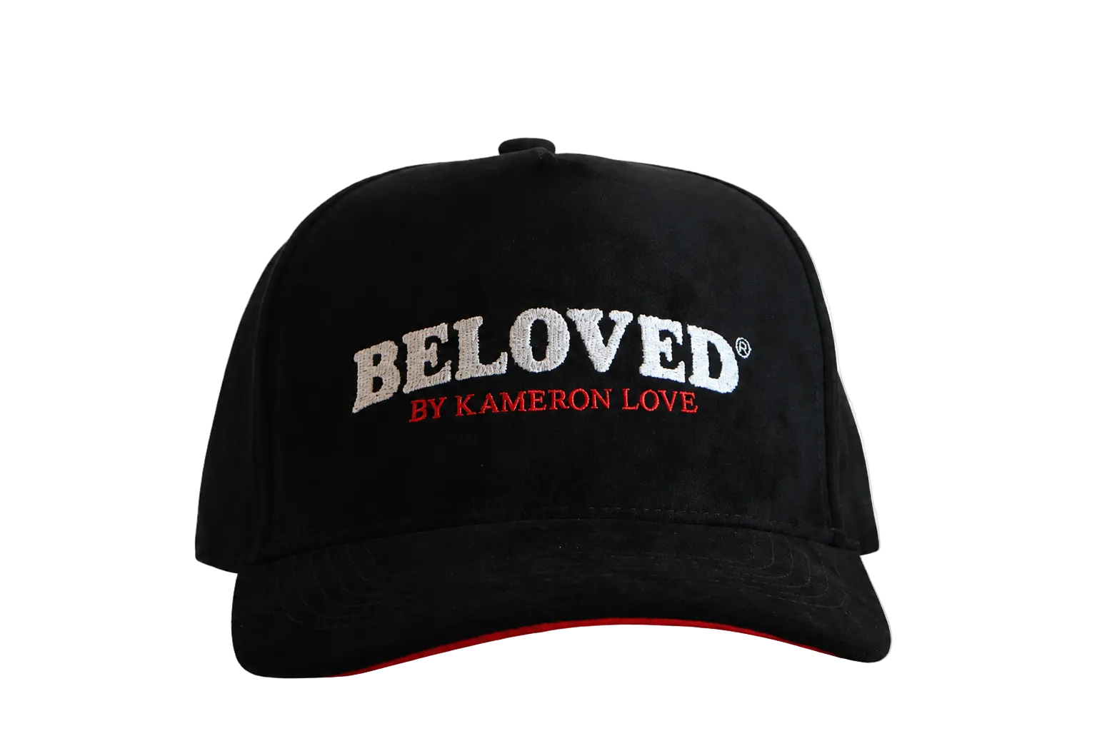 Beloved by Kameron Love black suede cap with red trim, front view